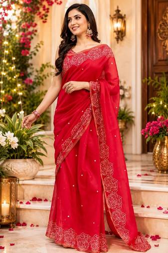 red chanderi cotton printed ready to wear saree with unstitched blouse piece