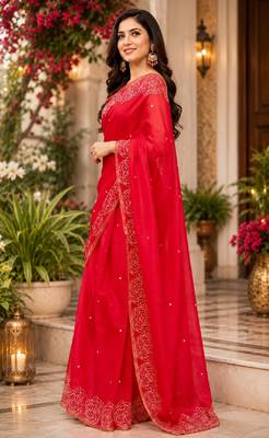 red chanderi cotton printed ready to wear saree with unstitched blouse piece 2