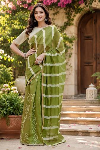 mehendi chanderi cotton printed ready to wear saree with unstitched blouse piece