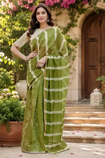mehendi chanderi cotton printed ready to wear saree with unstitched blouse piece