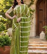 mehendi chanderi cotton printed ready to wear saree with unstitched blouse piece