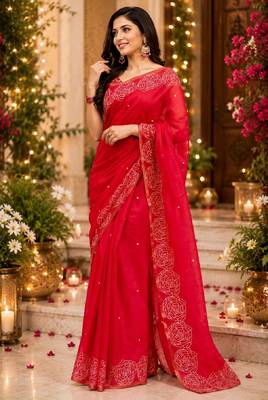 red chanderi cotton printed ready to wear saree with unstitched blouse piece 4