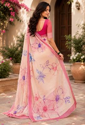 off white pink chanderi cotton printed ready to wear saree with unstitched blouse piece 4