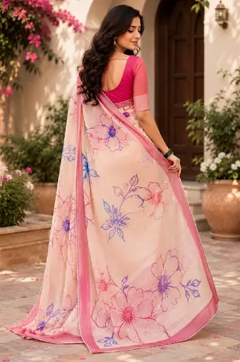 off white pink chanderi cotton printed ready to wear saree with unstitched blouse piece