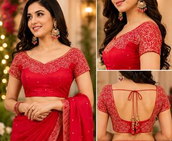 red chanderi cotton printed ready to wear saree with unstitched blouse piece 5