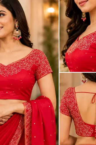 red chanderi cotton printed ready to wear saree with unstitched blouse piece