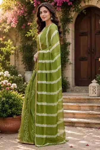 mehendi chanderi cotton printed ready to wear saree with unstitched blouse piece