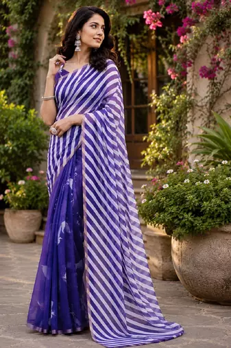 purple chanderi cotton printed ready to wear saree with unstitched blouse piece