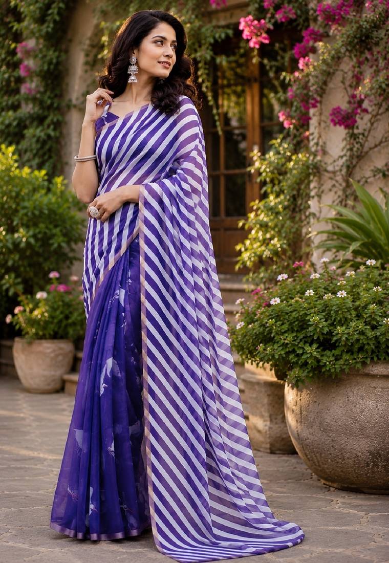 purple chanderi cotton printed ready to wear saree with unstitched blouse piece