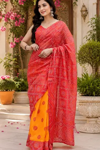 red chanderi cotton printed ready to wear saree with unstitched blouse piece