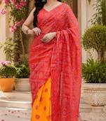 red chanderi cotton printed ready to wear saree with unstitched blouse piece