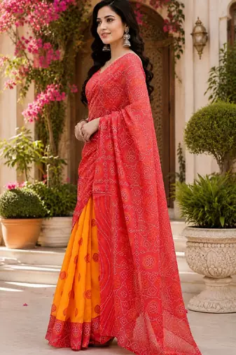 red chanderi cotton printed ready to wear saree with unstitched blouse piece