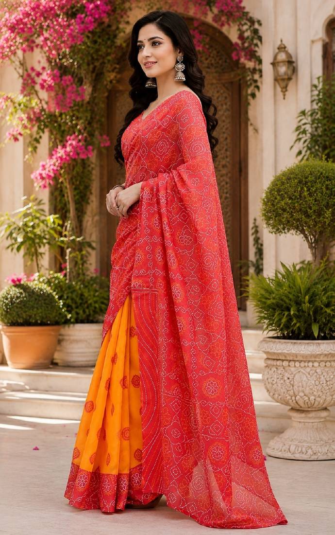 red chanderi cotton printed ready to wear saree with unstitched blouse piece