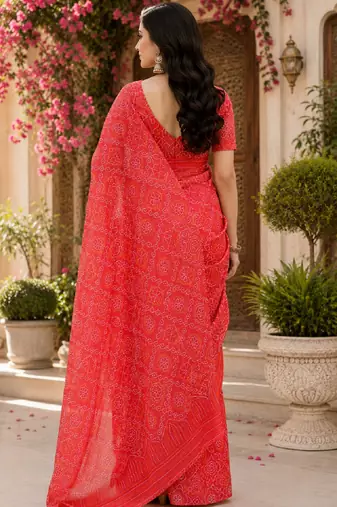 red chanderi cotton printed ready to wear saree with unstitched blouse piece