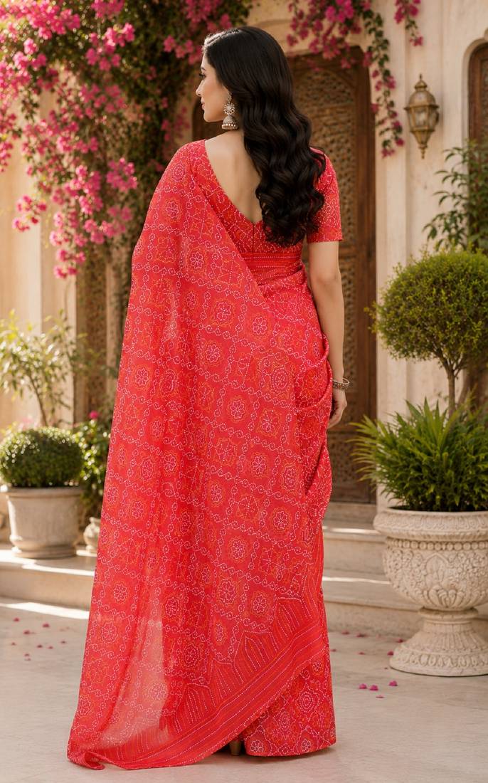 red chanderi cotton printed ready to wear saree with unstitched blouse piece