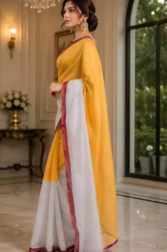 yellow chanderi cotton printed ready to wear saree with unstitched blouse piece
