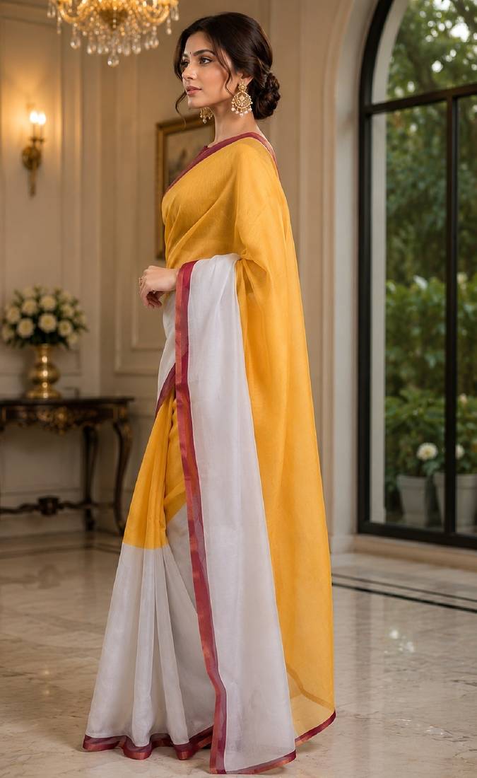 yellow chanderi cotton printed ready to wear saree with unstitched blouse piece