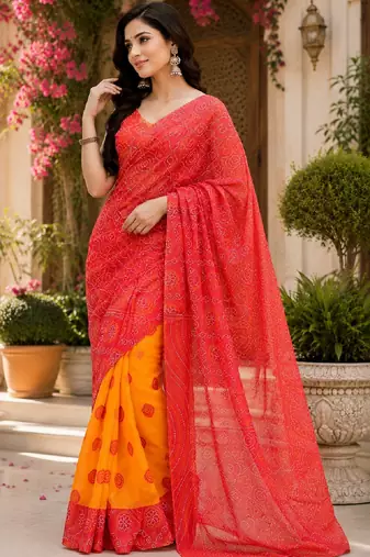 red chanderi cotton printed ready to wear saree with unstitched blouse piece