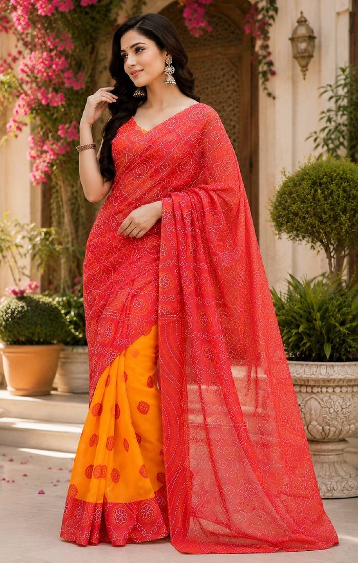 red chanderi cotton printed ready to wear saree with unstitched blouse piece