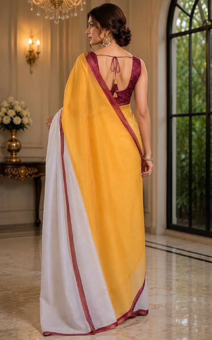 yellow chanderi cotton printed ready to wear saree with unstitched blouse piece