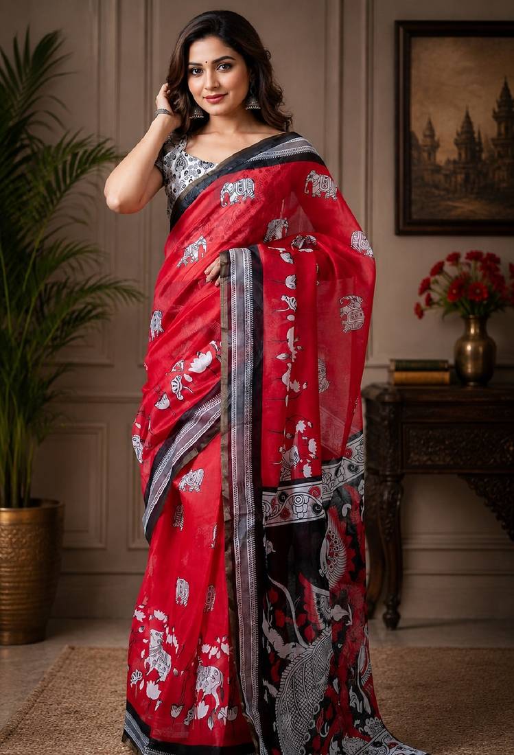 red black chanderi cotton printed ready to wear saree with unstitched blouse piece