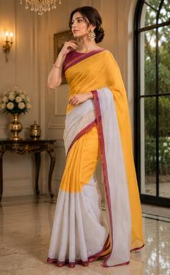 yellow chanderi cotton printed ready to wear saree with unstitched blouse piece 4