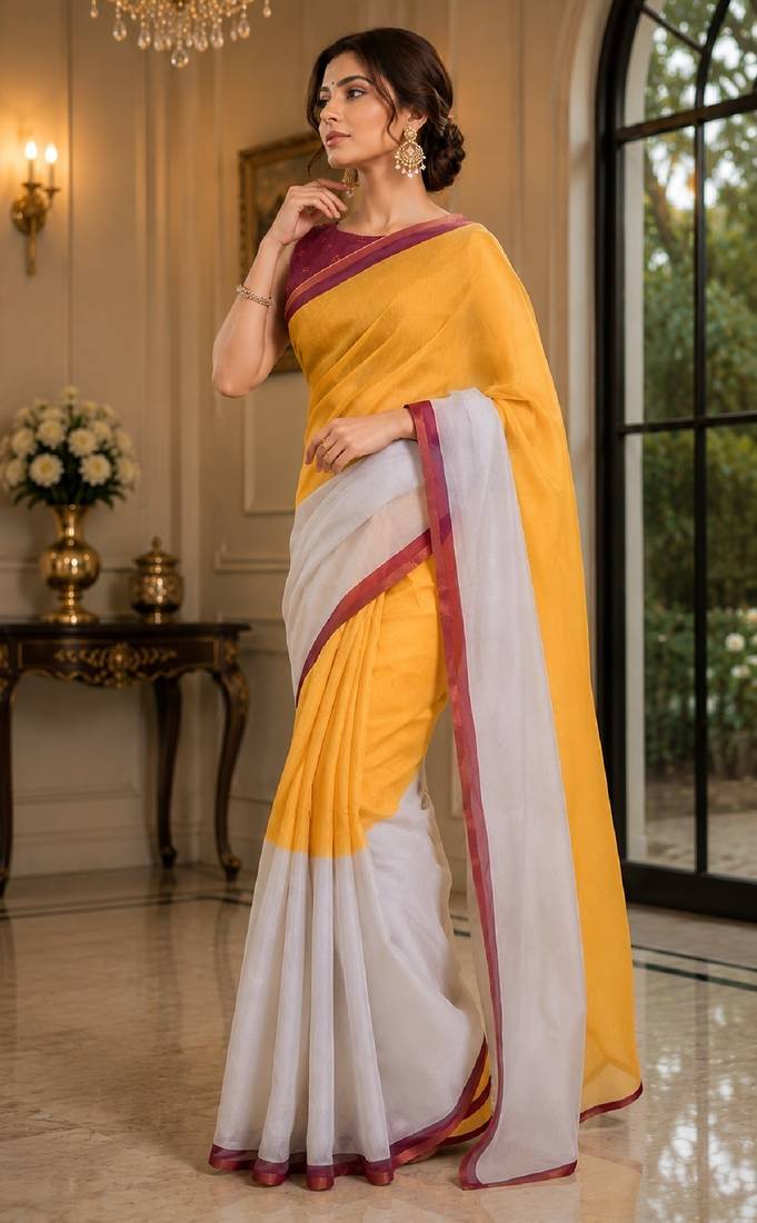 yellow chanderi cotton printed ready to wear saree with unstitched blouse piece