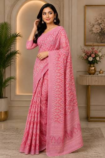 baby pink chanderi cotton printed ready to wear saree with unstitched blouse piece