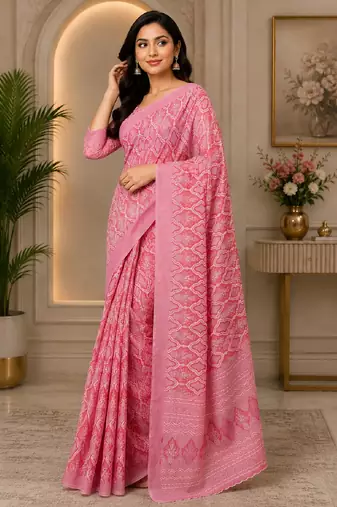 baby pink chanderi cotton printed ready to wear saree with unstitched blouse piece