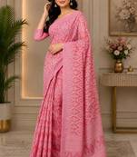 baby pink chanderi cotton printed ready to wear saree with unstitched blouse piece