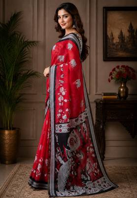 red black chanderi cotton printed ready to wear saree with unstitched blouse piece 2