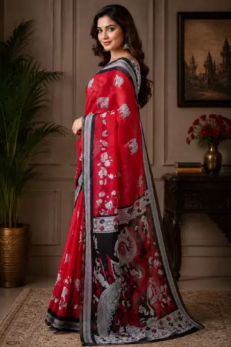 red black chanderi cotton printed ready to wear saree with unstitched blouse piece