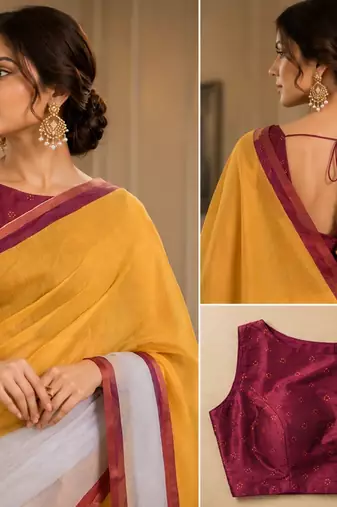 yellow chanderi cotton printed ready to wear saree with unstitched blouse piece