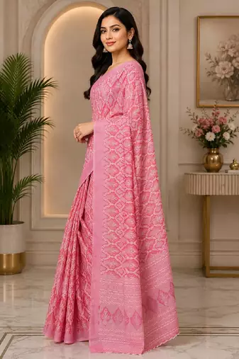 baby pink chanderi cotton printed ready to wear saree with unstitched blouse piece