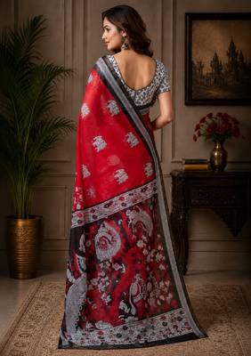 red black chanderi cotton printed ready to wear saree with unstitched blouse piece 3