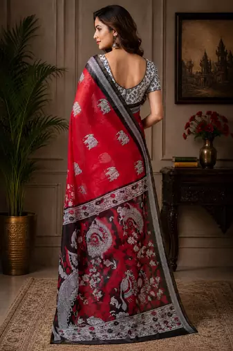 red black chanderi cotton printed ready to wear saree with unstitched blouse piece
