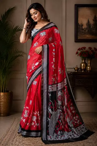 red black chanderi cotton printed ready to wear saree with unstitched blouse piece