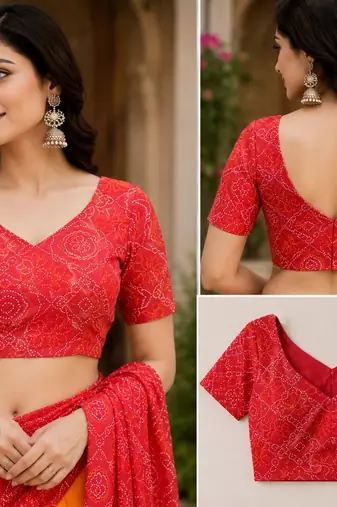 red chanderi cotton printed ready to wear saree with unstitched blouse piece