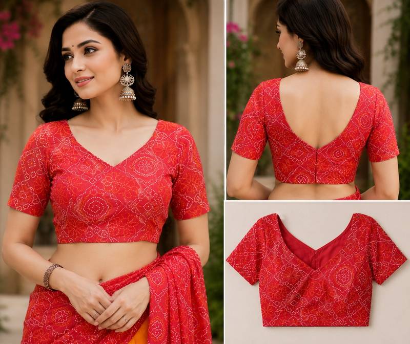 red chanderi cotton printed ready to wear saree with unstitched blouse piece