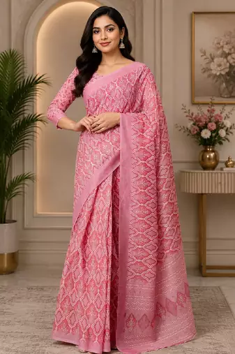 baby pink chanderi cotton printed ready to wear saree with unstitched blouse piece