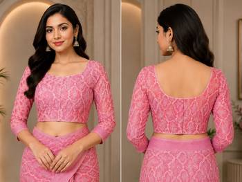 baby pink chanderi cotton printed ready to wear saree with unstitched blouse piece 5