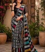 black chanderi cotton printed ready to wear saree with unstitched blouse piece