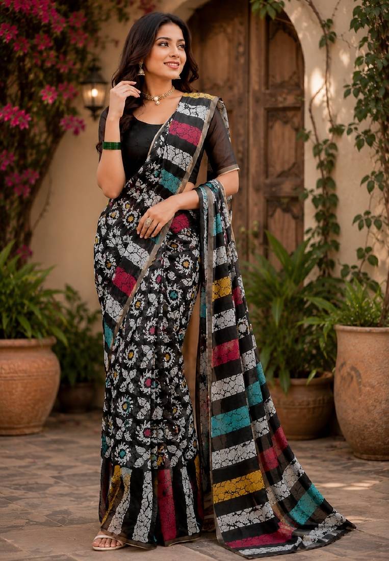 black chanderi cotton printed ready to wear saree with unstitched blouse piece