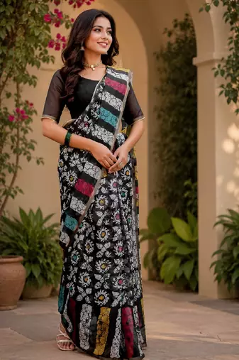 black chanderi cotton printed ready to wear saree with unstitched blouse piece