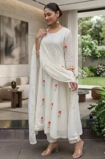 Elegant white straight kurti pant set with rose motif embroidery for women