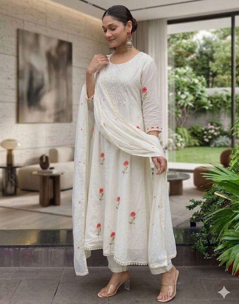 Elegant white straight kurti pant set with rose motif embroidery for women