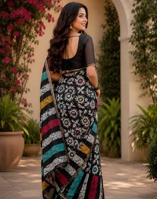 black chanderi cotton printed ready to wear saree with unstitched blouse piece 4