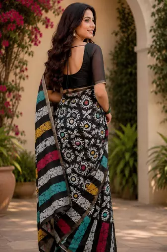 black chanderi cotton printed ready to wear saree with unstitched blouse piece