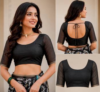 black chanderi cotton printed ready to wear saree with unstitched blouse piece 5
