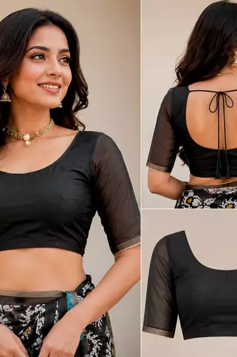 black chanderi cotton printed ready to wear saree with unstitched blouse piece